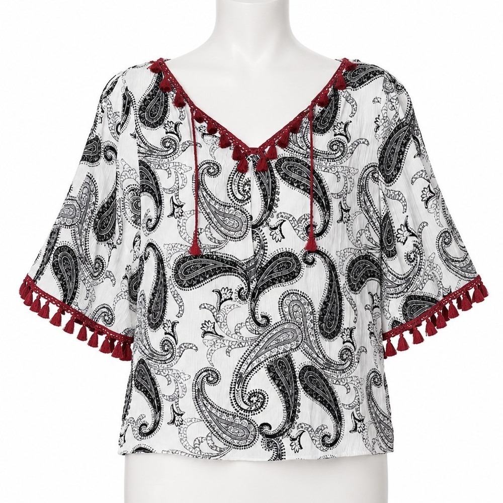 Chicos Paisley Blouse Women 0 Small White Black Red Boho Tassel Trim V-Neck Top